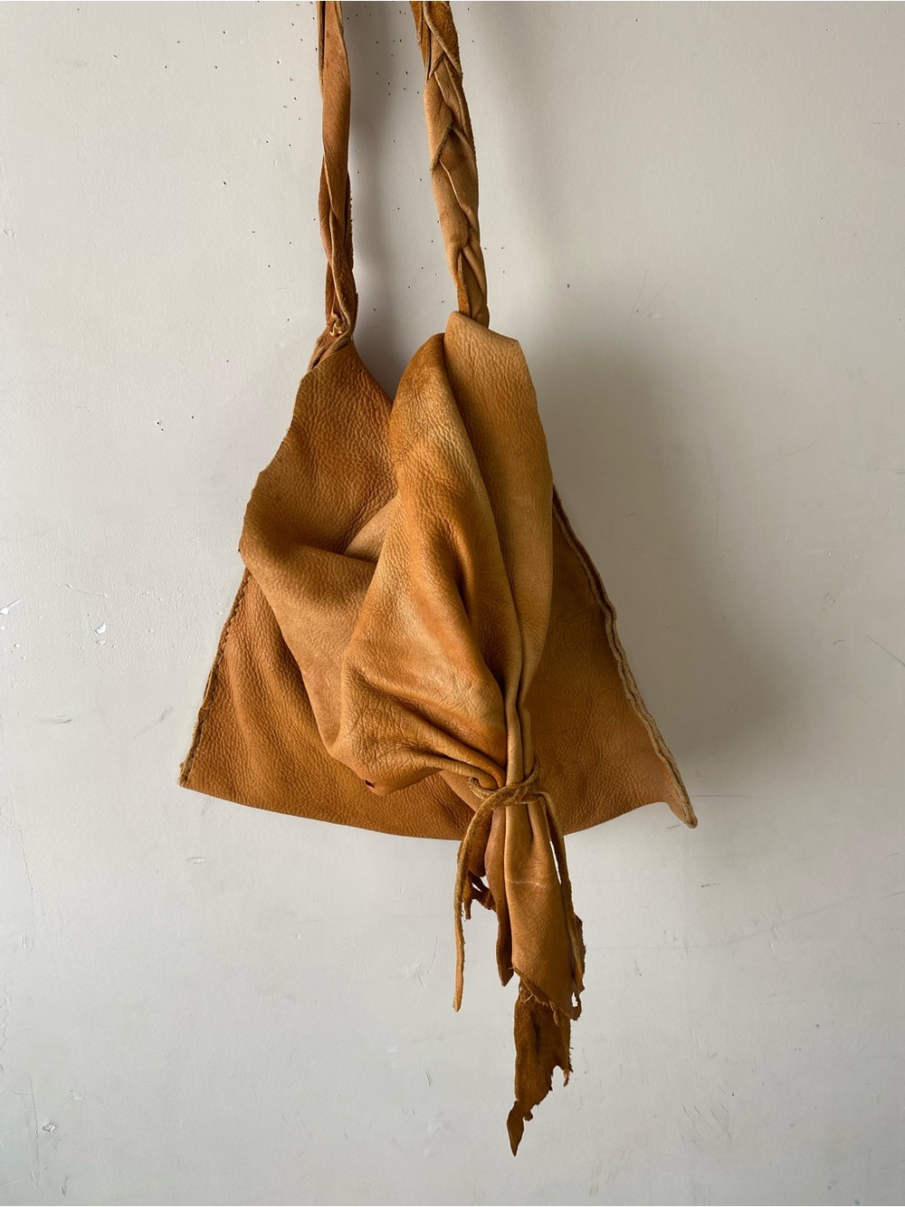 Handmade Asymmetrical Leather Shoulder Bag Tan Distressed Boho Grunge OS - Picture 4 of 16